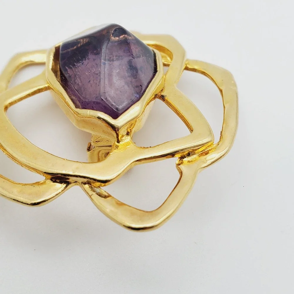 Huge‎ Clip On Earrings Gold Tone Amethyst Purple Acrylic Stone Runway Modernist
